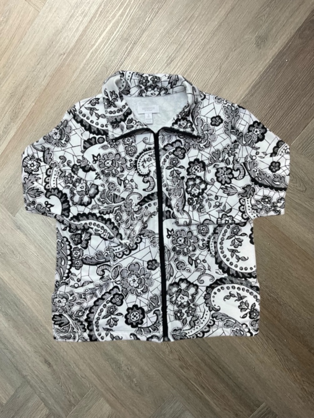 Weekends by Chicos Floral Paisley Full Zip‎ Boho Jacket Womens 3 XL Black White